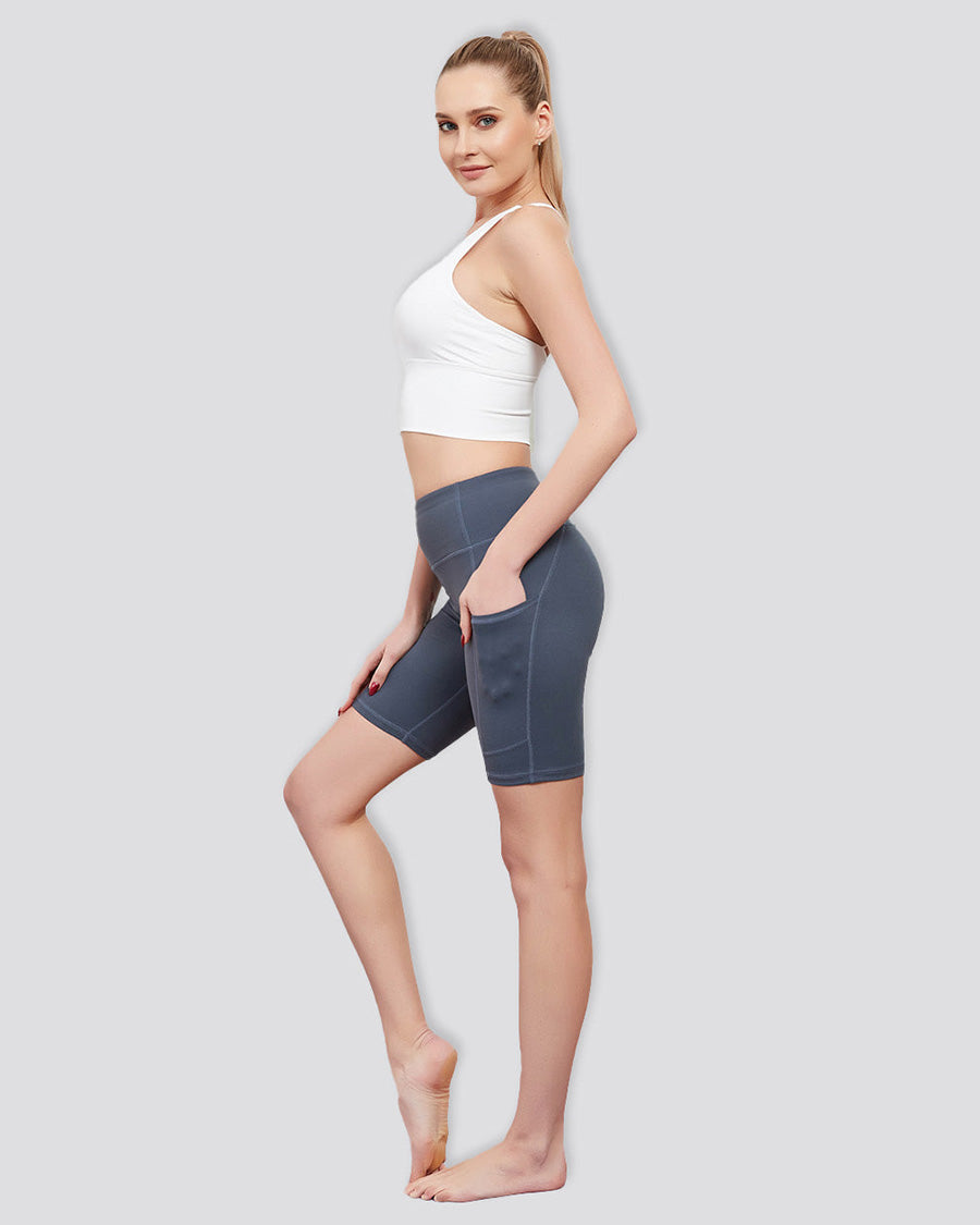 Grey Blue Essential High Waisted Yoga Shorts 8"