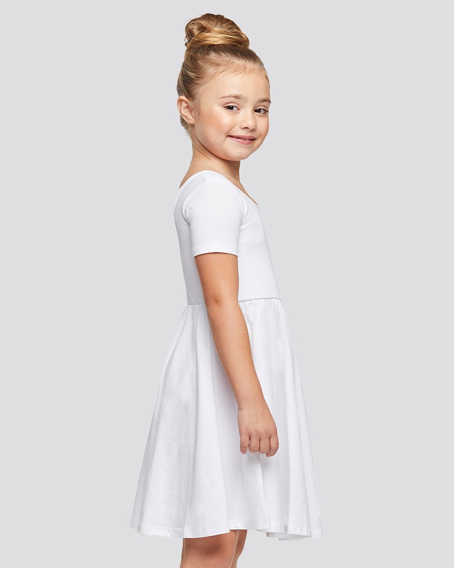 Girls Short Sleeve A-Line Twirly Dress in White