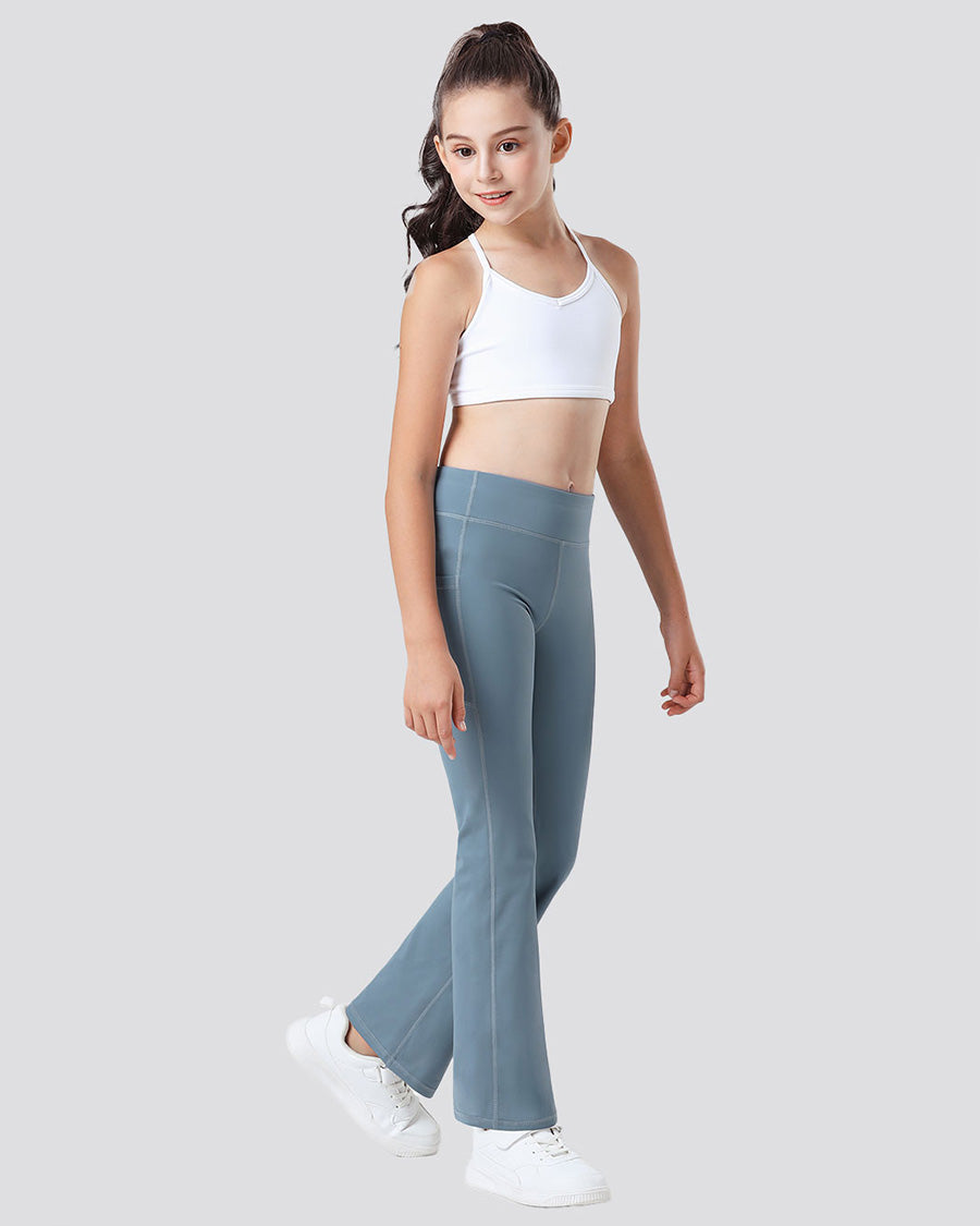 Grey Blue Girls Flare Leggings with 2 Pockets