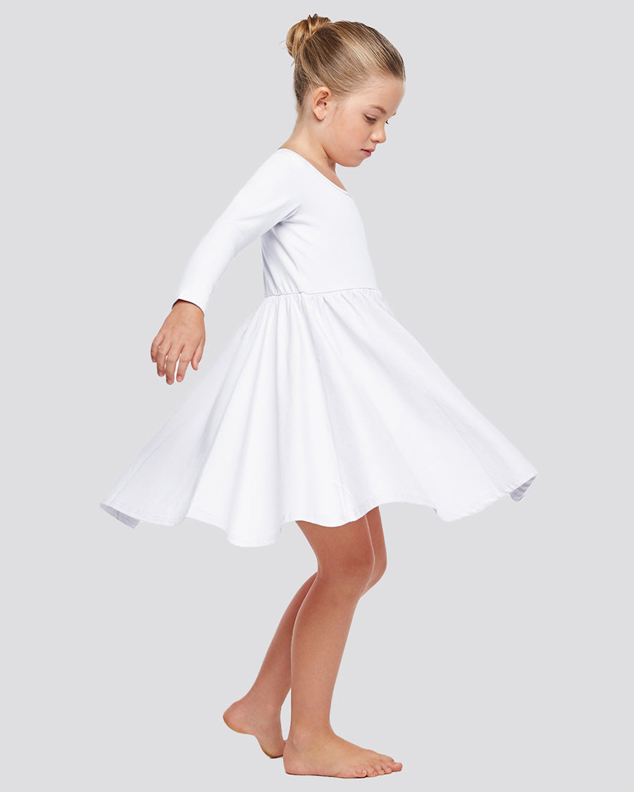 Girls Long Sleeve A-Line Twirly Dress in White