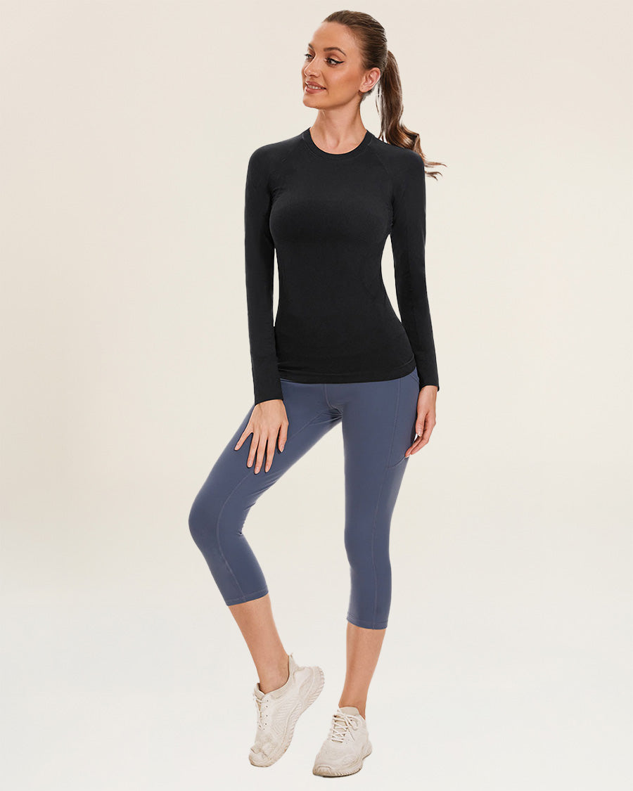 Black Seamless Long Sleeve Tops