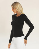 Black Ribbed Knit Henley Top | Long-Sleeve Shirt with 6 Buttons