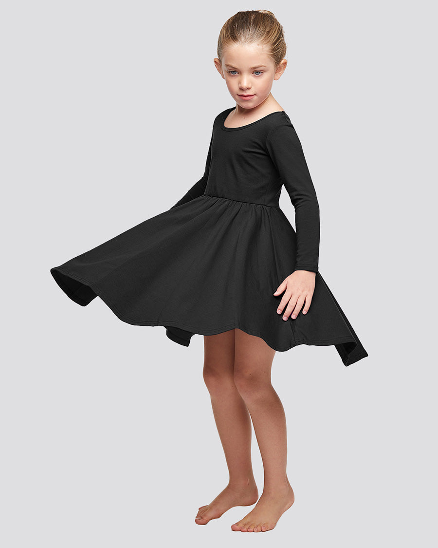 Girls Long Sleeve A-Line Twirly Dress in Black
