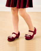 Burgundy Girls Classic Mary Jane Shoes | Velvet Heels with Crystal Bows