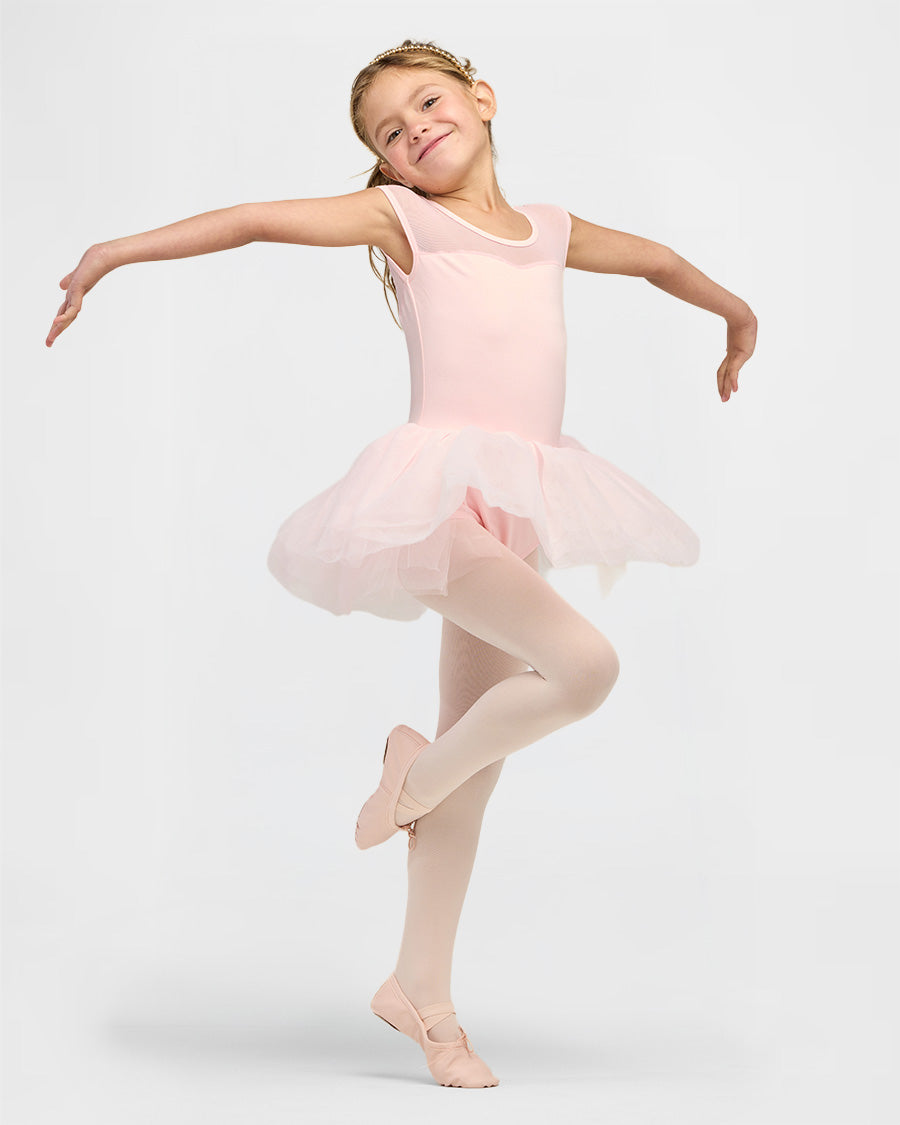 Girls Sweetheart Mesh Inserted Tank Tulle Dress in Ballet Pink