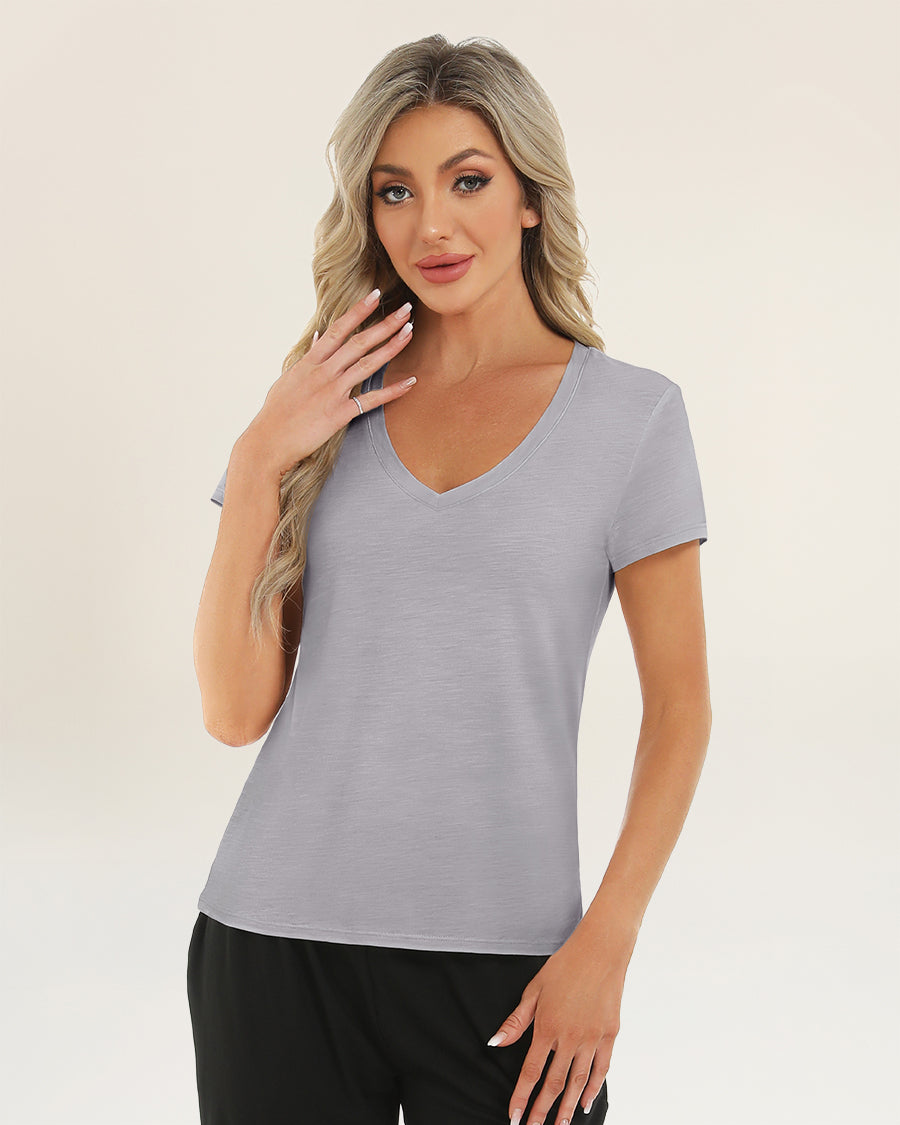 Women's Short Sleeve Slub V-Neck T-Shirt in Grey