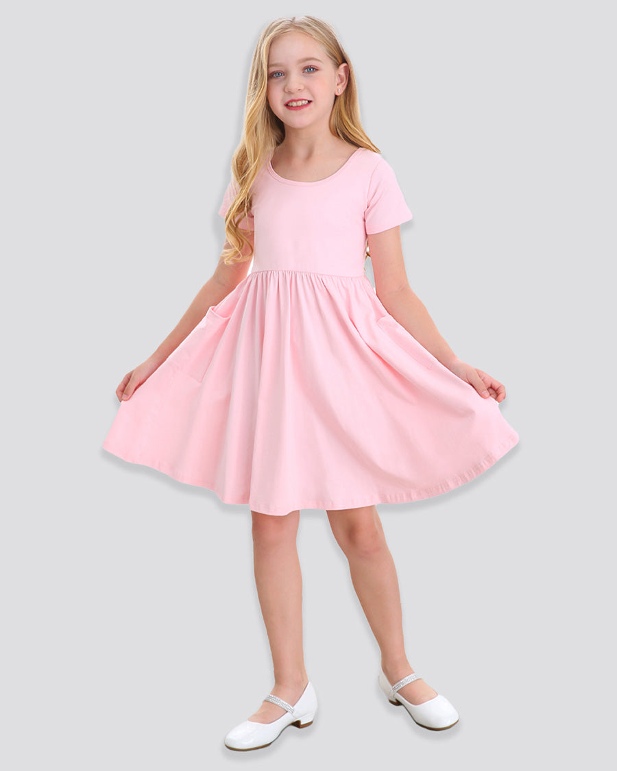 Girls Short Sleeve A-Line Twirly Dress with Pockets in Pink