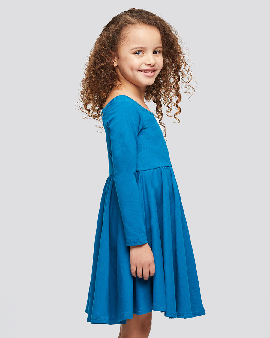 Girls Long Sleeve A-Line Twirly Dress in Cyan Blue
