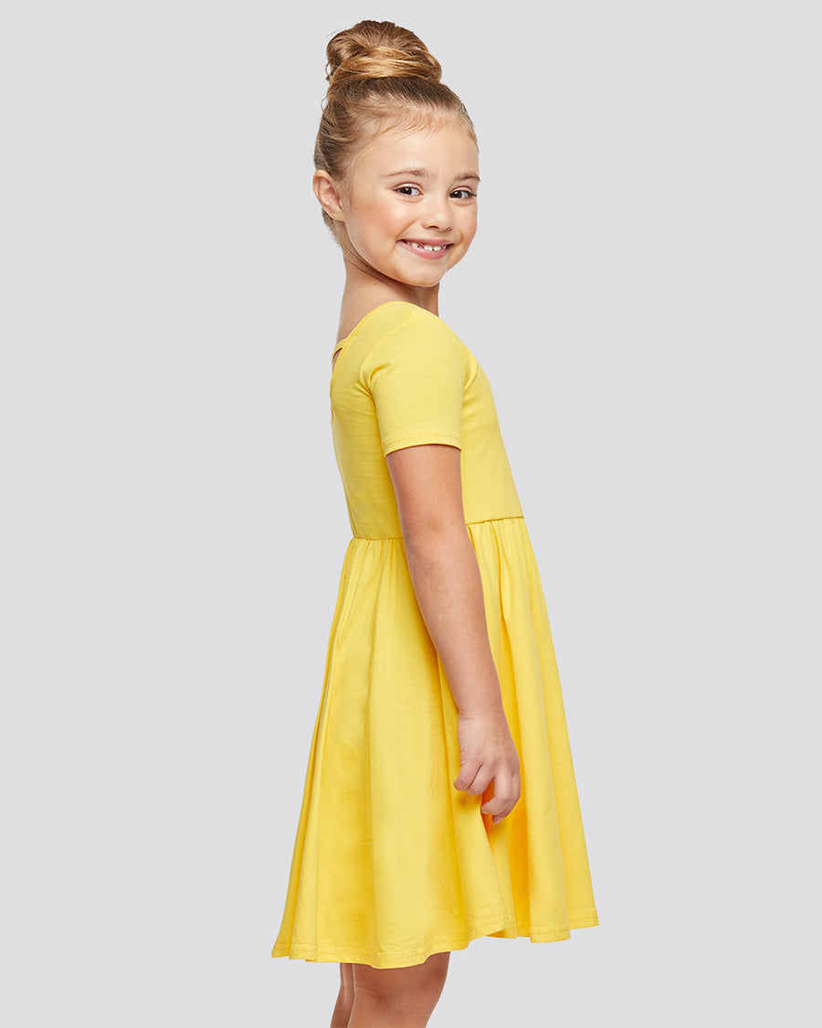Girls Short Sleeve A-Line Twirly Dress in Yellow