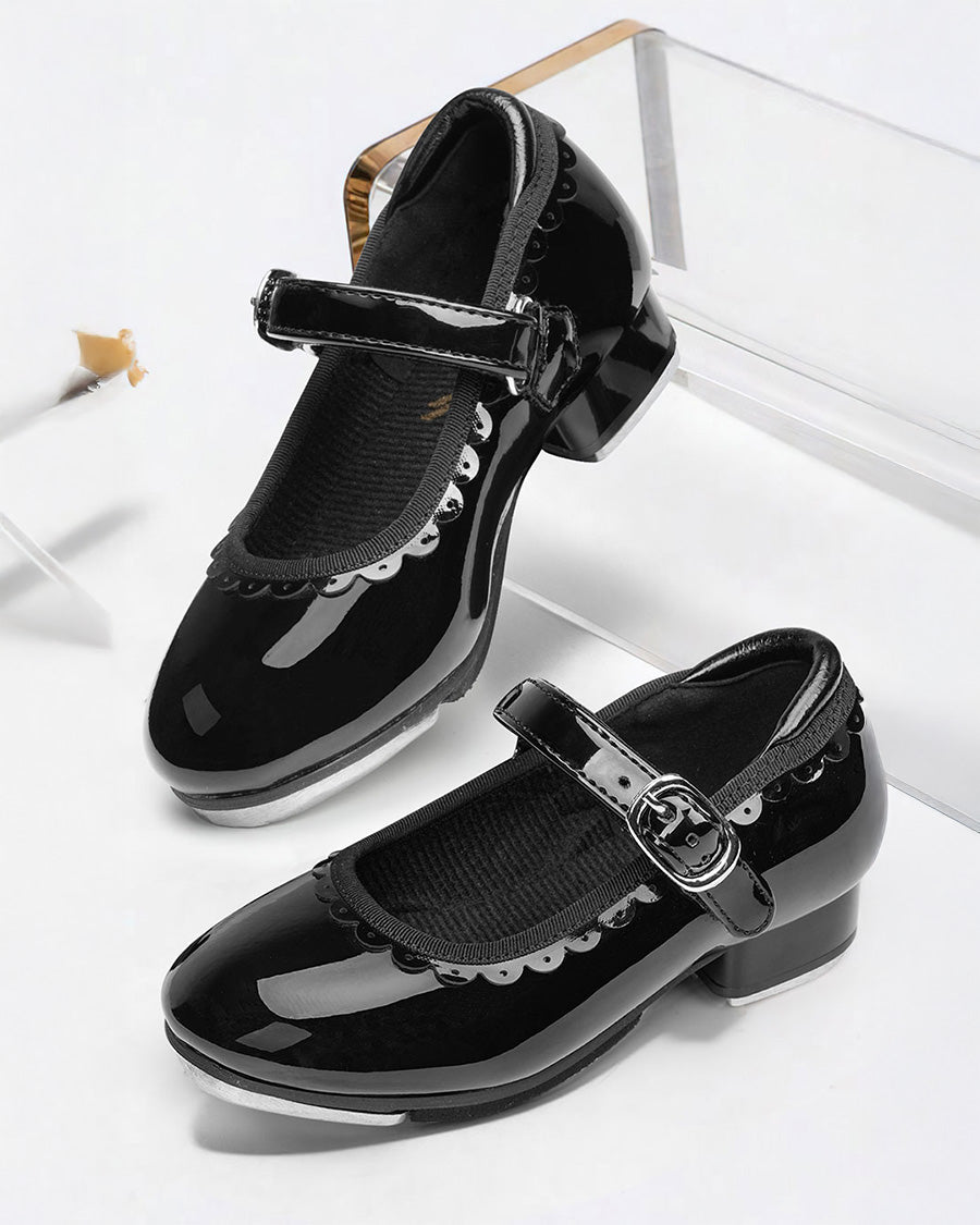 Black Kids Elegant Scallop Tap Shoes