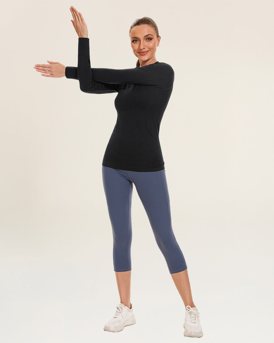 Black Seamless Long Sleeve Tops
