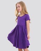 Girls Short Sleeve A-Line Twirly Dress with Pockets in Purple