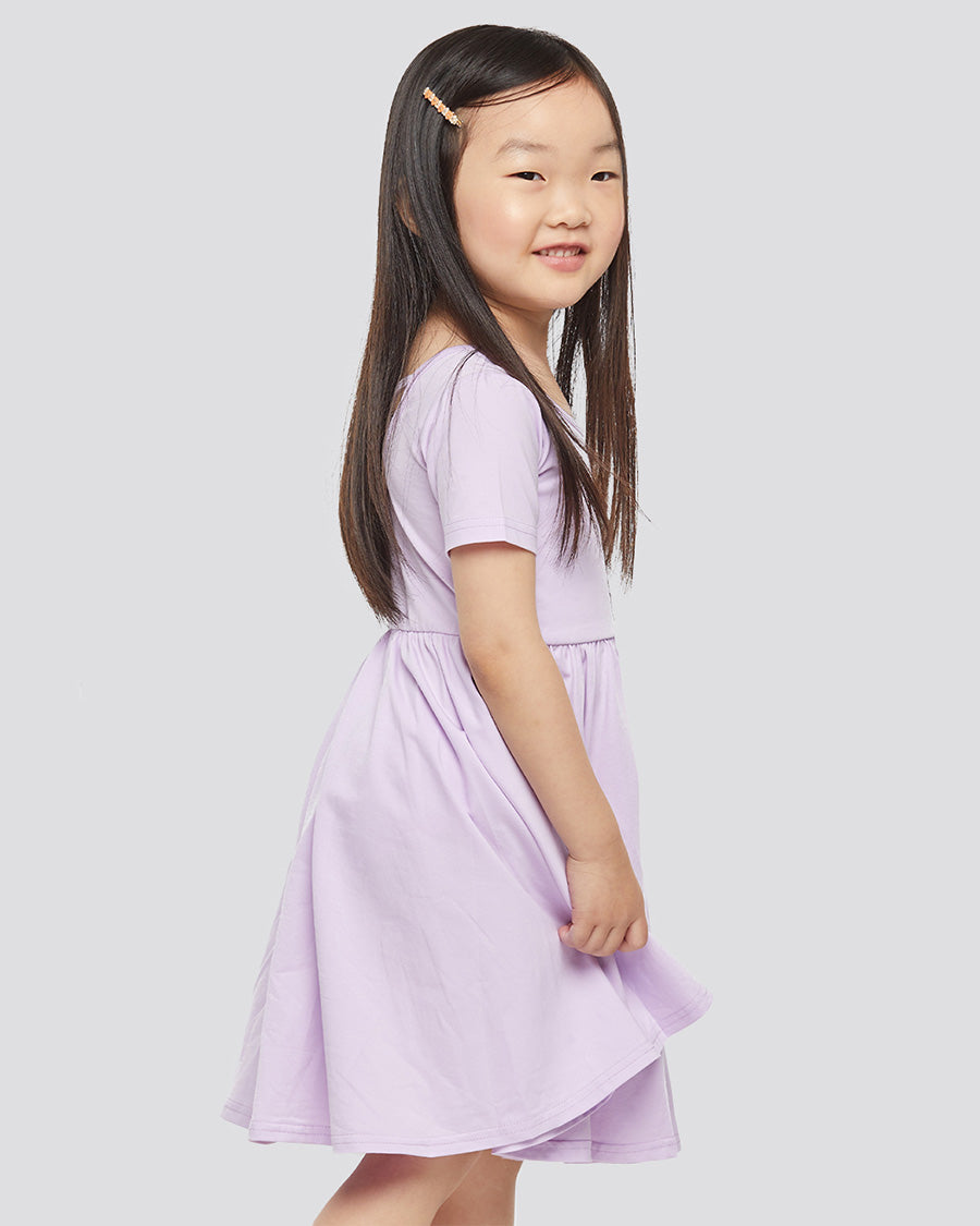 Girls Short Sleeve A-Line Twirly Dress in Lavender