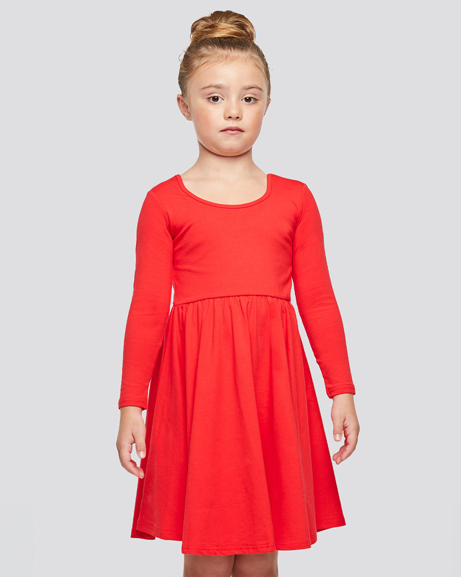 Girls Long Sleeve A-Line Twirly Dress in Red