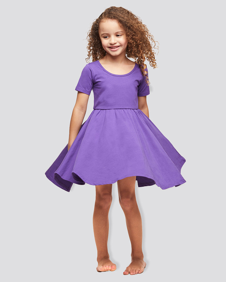Girls Short Sleeve A-Line Twirly Dress in Purple