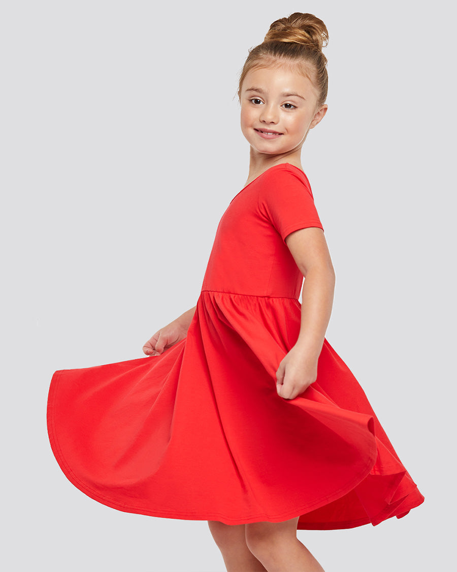 Girls Short Sleeve A-Line Twirly Dress in Red