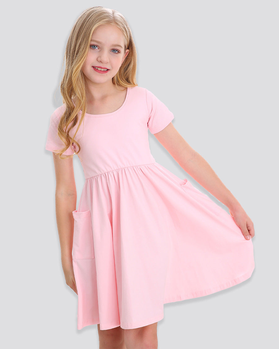 Girls Short Sleeve A-Line Twirly Dress with Pockets in Pink