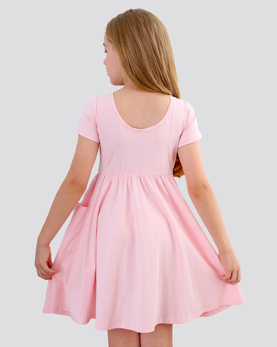 Girls Short Sleeve A-Line Twirly Dress with Pockets in Pink
