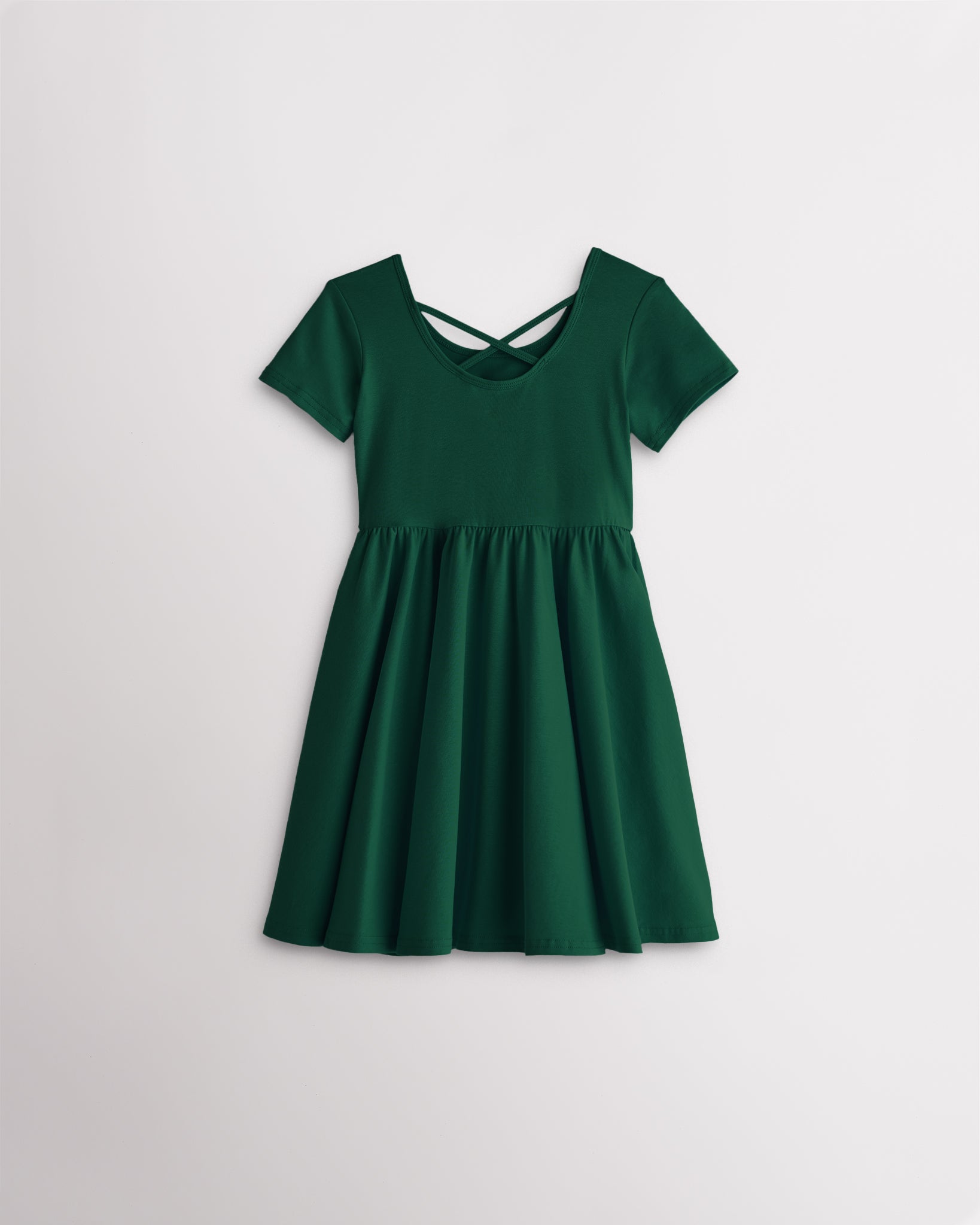 Girls evergreen short sleeve A-line twirly dress with a flared skirt.