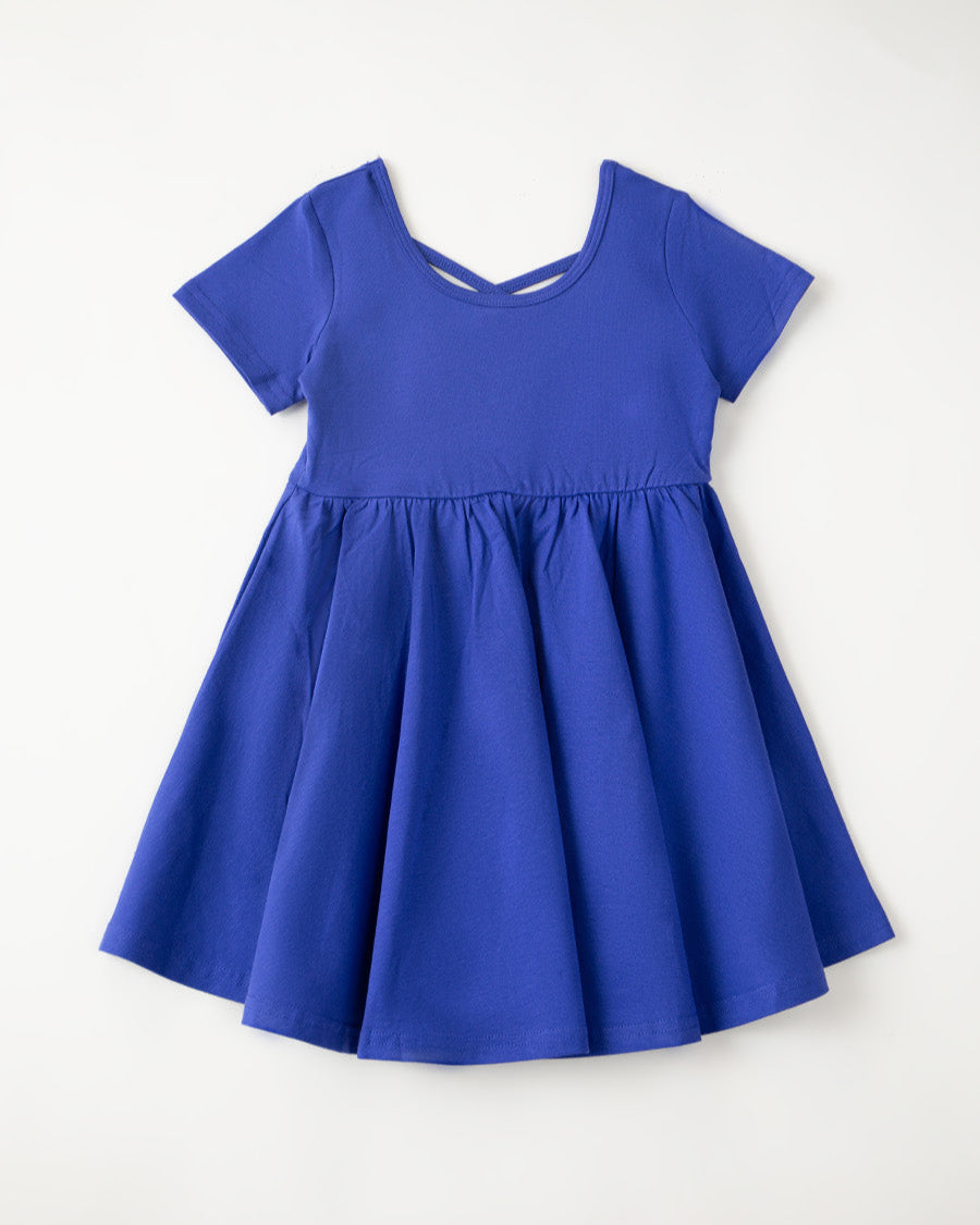 Girls Short Sleeve A-Line Twirly Dress in Royal Blue