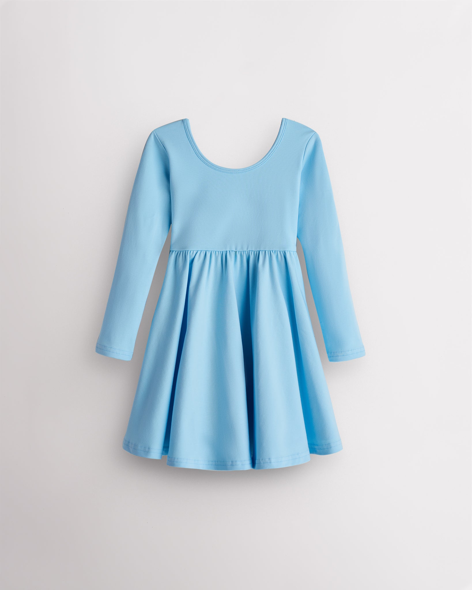 Sky blue Stelle girls long sleeve a line dress with a twirly skirt and soft stretchy fabric