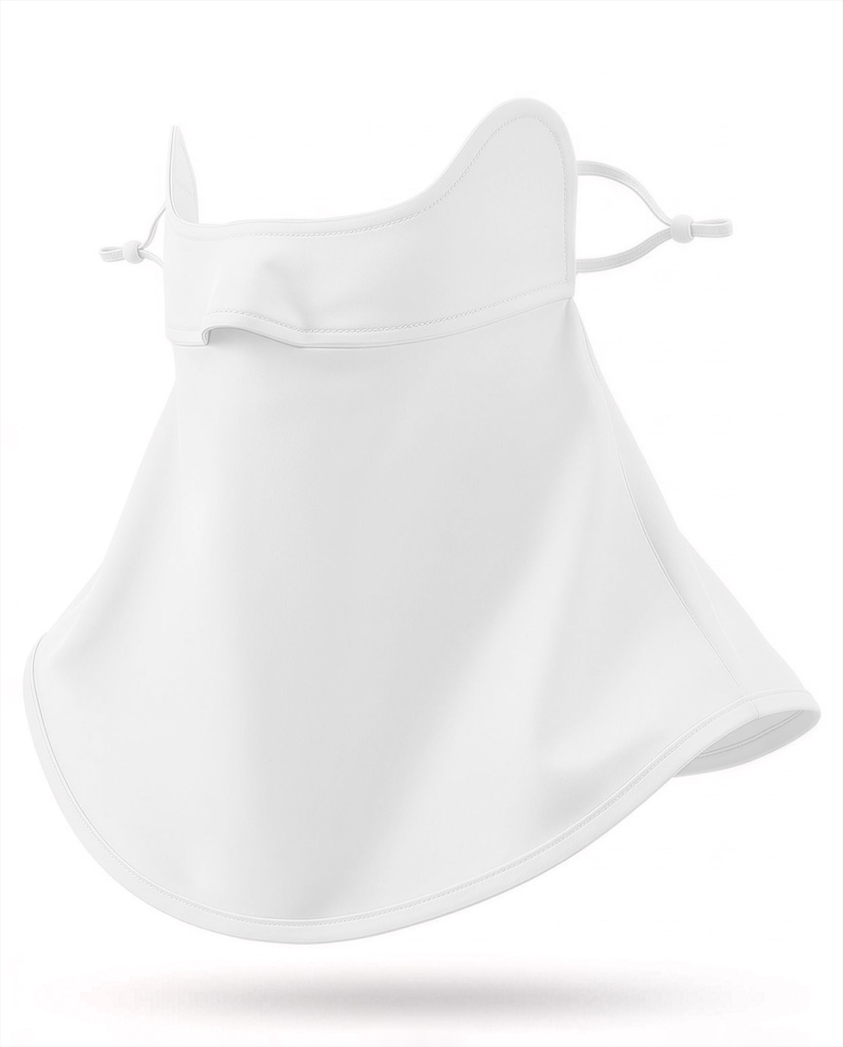 White UPF 50+ sun mask with full 360-degree face and neck coverage, adjustable ear loops, and flexible fit.