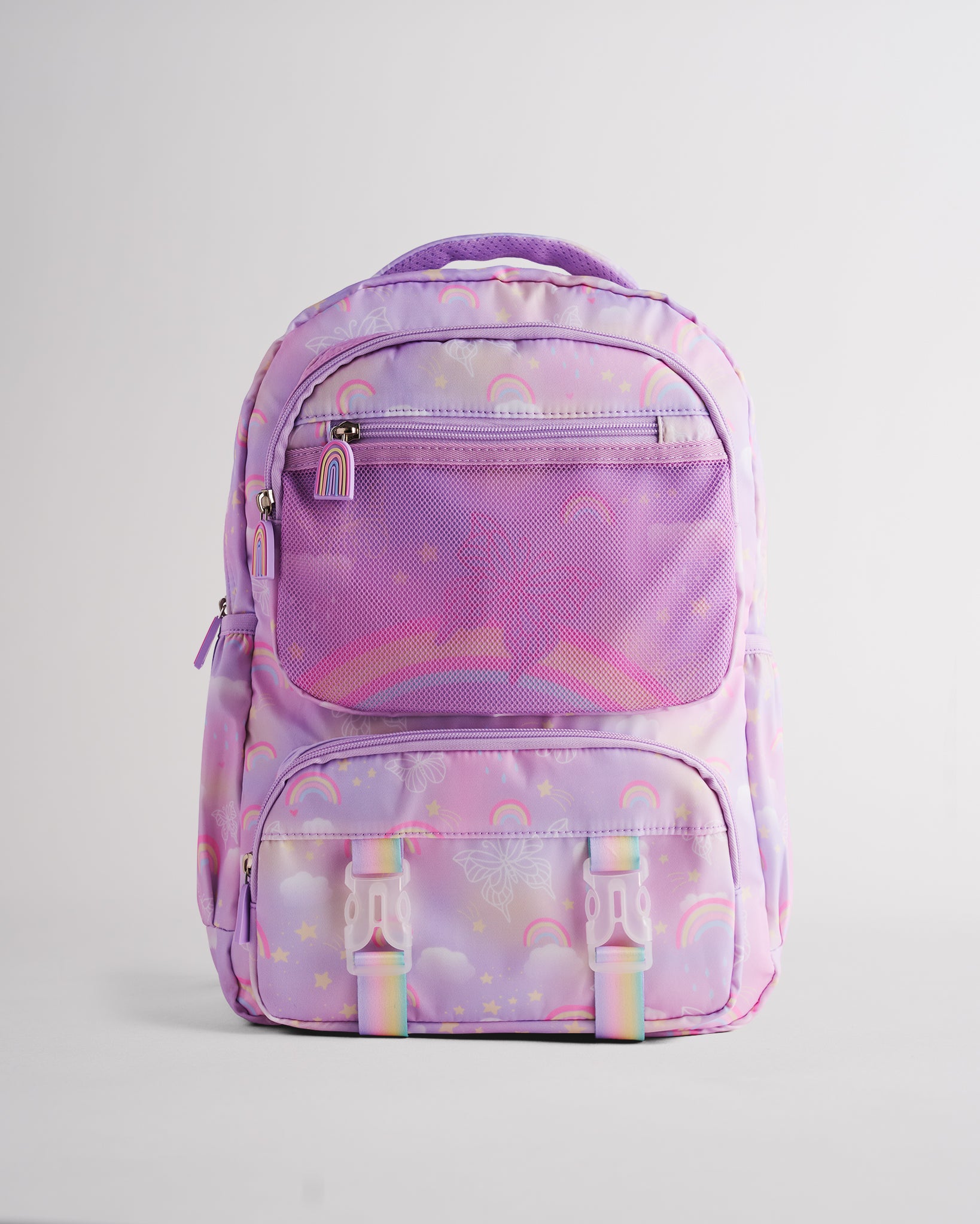 Front view of lavender backpack for kids with rainbow pattern, mesh pocket, buckle straps, and multiple zipper pockets.