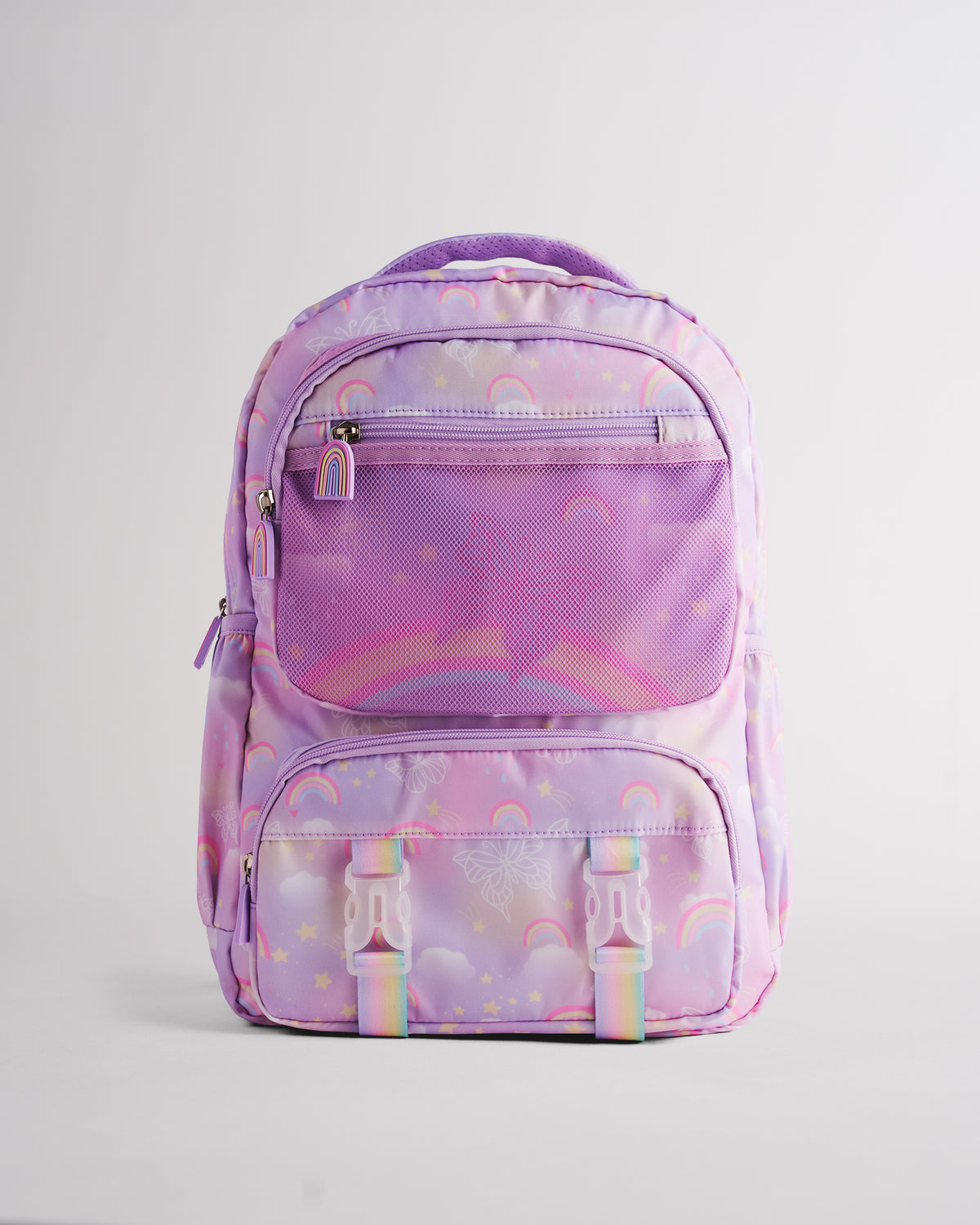 Front view of lavender backpack for kids with rainbow pattern, mesh pocket, buckle straps, and multiple zipper pockets.