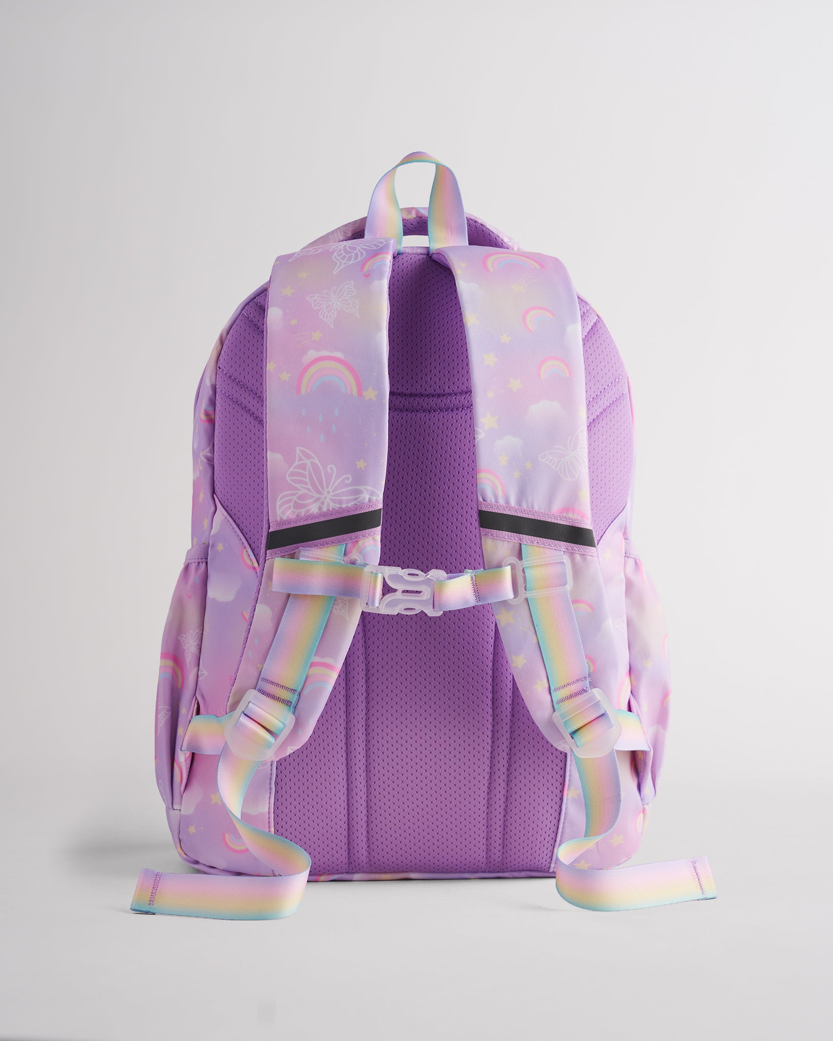 Back view of lavender Stelle backpack for kids with padded shoulder straps, buckle chest strap, and breathable back panel.