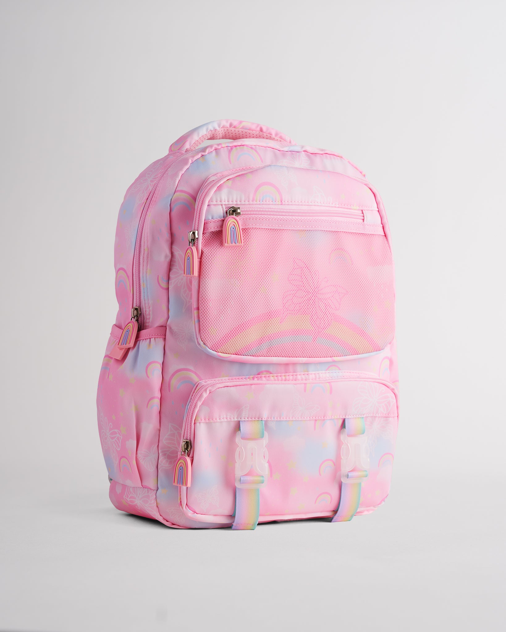 Pink Stelle kids backpack with rainbow print, front mesh pocket, zipper compartments, and rainbow zipper pulls.