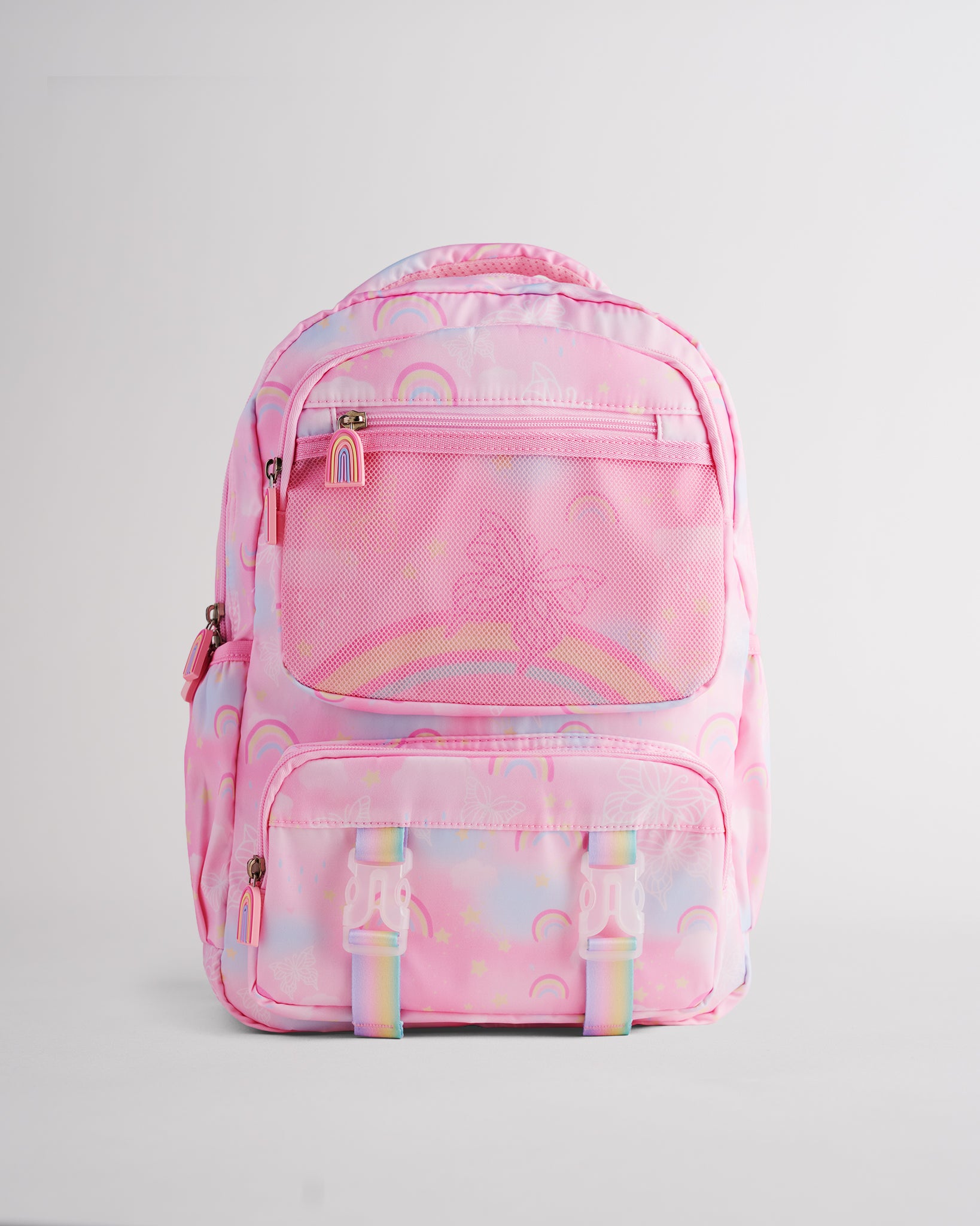 Front view of pink backpack for kids with rainbow pattern, mesh pocket, buckle straps, and multiple zipper pockets.