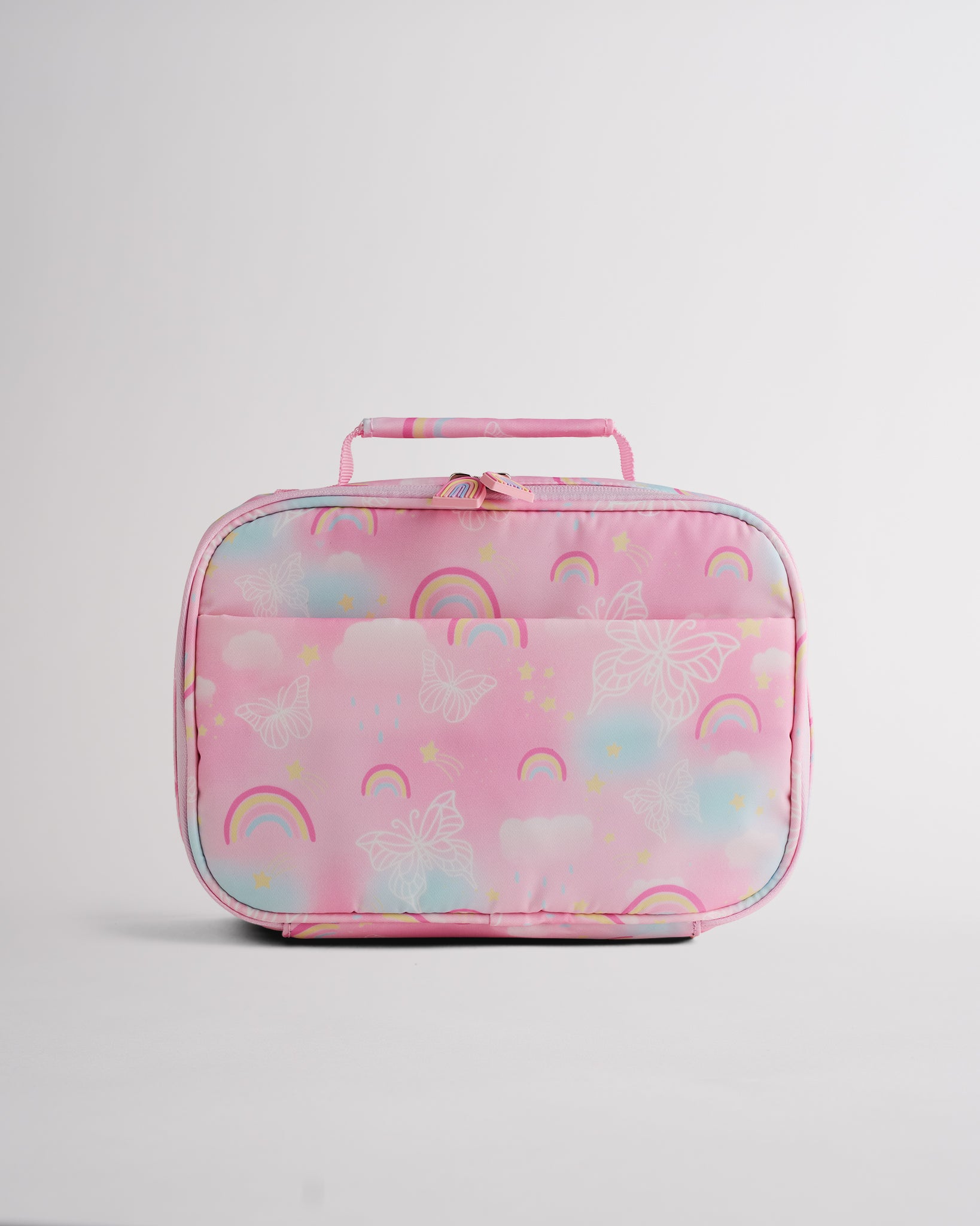 Matching pink Stelle kids lunch bag with rainbow print, top handle, zipper closure, and soft-sided design.