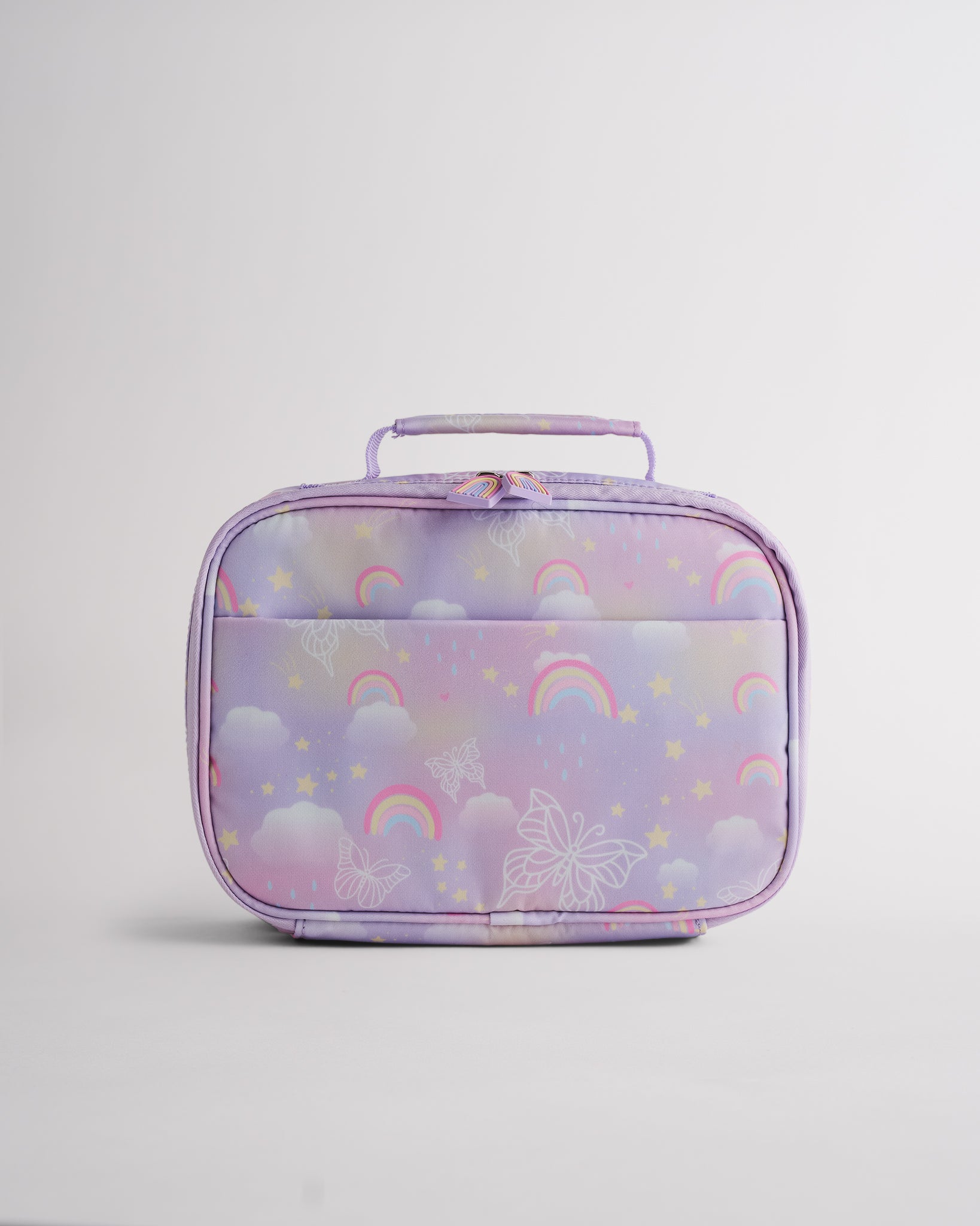 Matching lavender Stelle kids lunch bag with rainbow print, top handle, zipper closure, and soft-sided design.