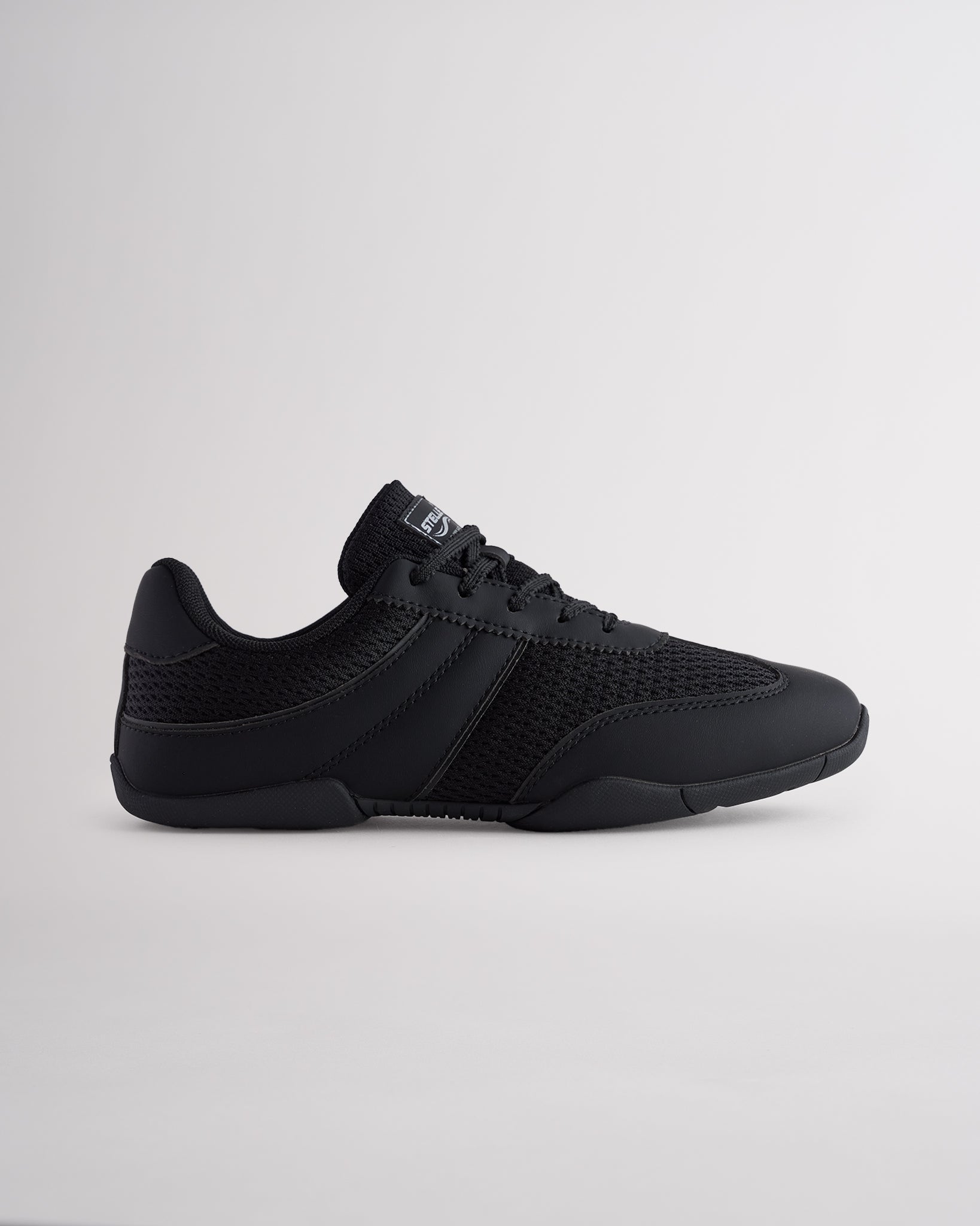 Black Studio air mesh cheer shoes with lace-up closure.