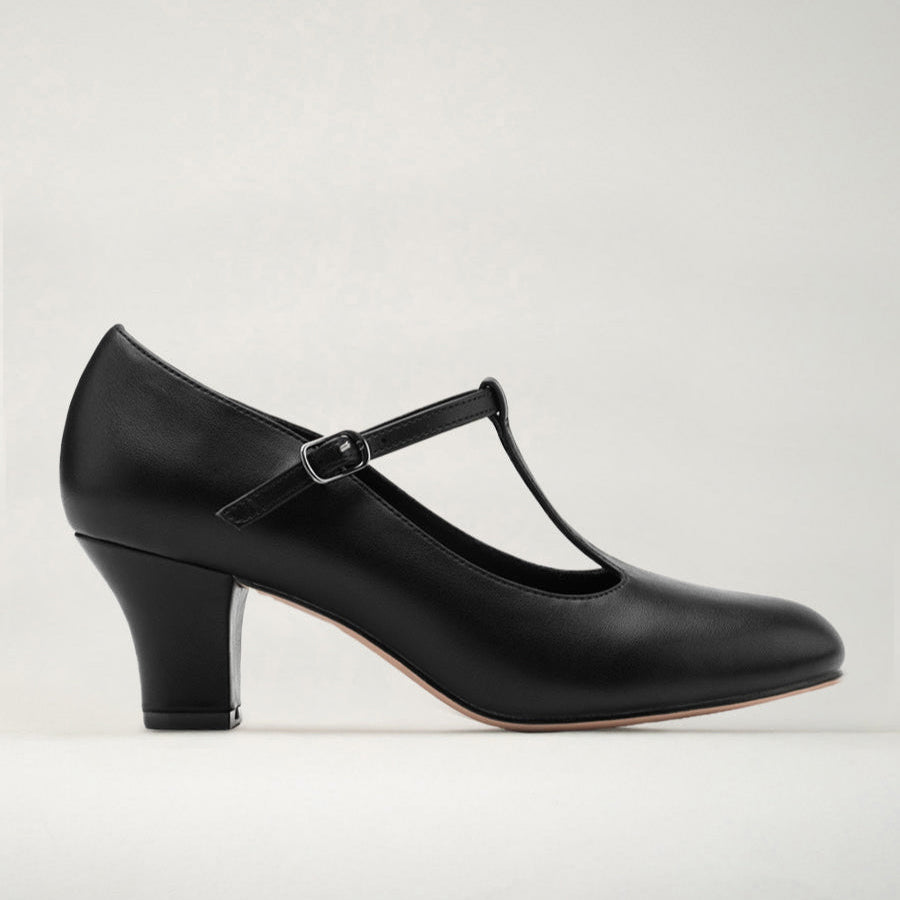 Black T-Strap Character Shoes with 2.5" Heel - View 1