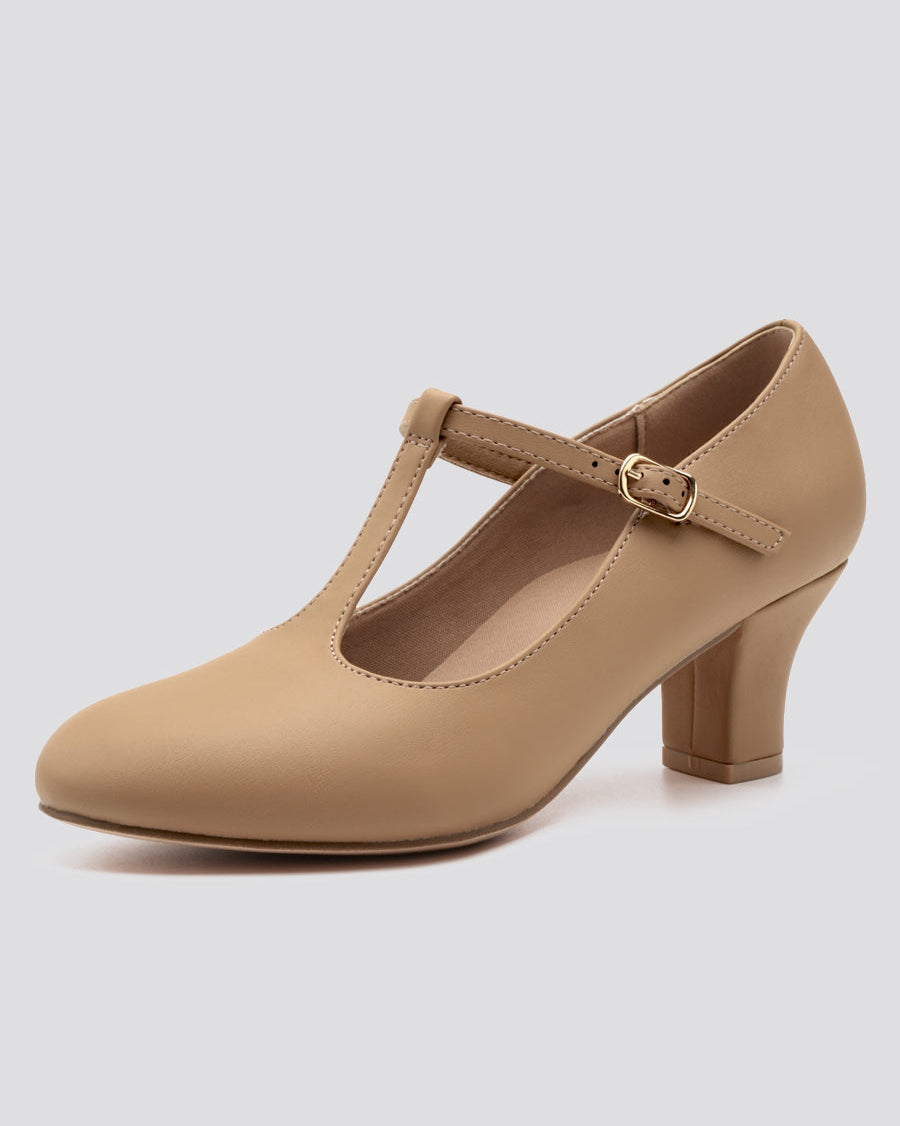 Tan T-Strap Character Shoes with 2.5" Heel - View 2