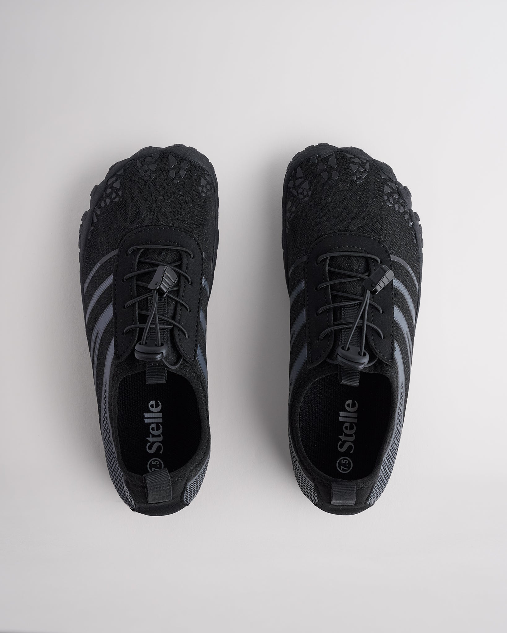 Top view of black water shoes for women with secure speed laces and flexible fit