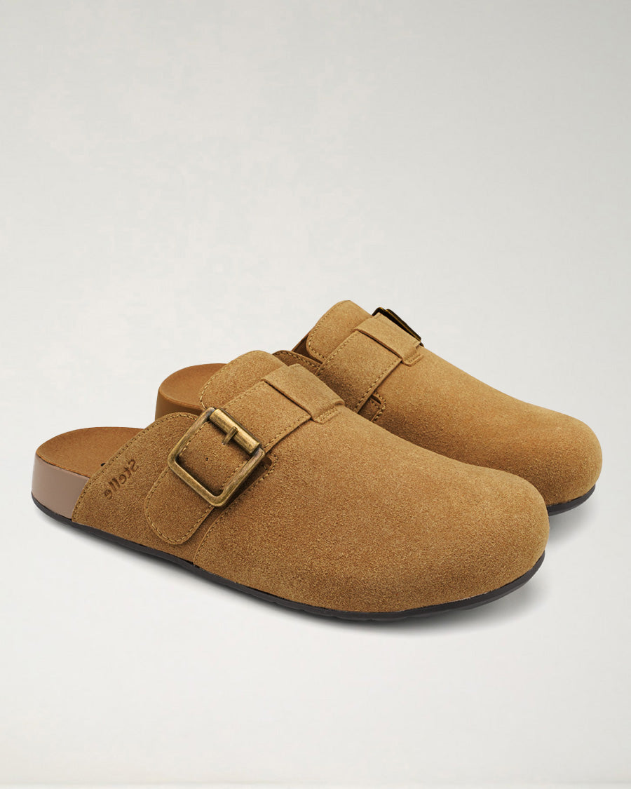 Caramel Square Buckle Suede Clogs