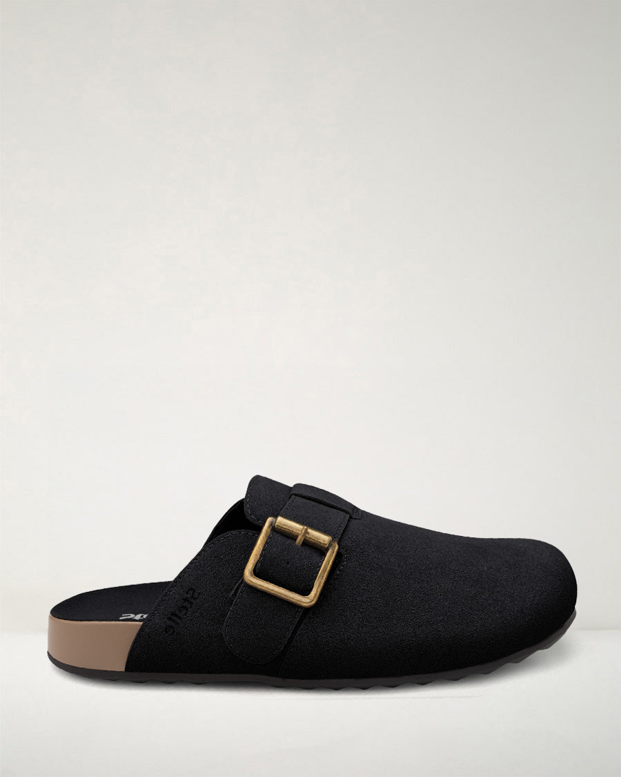 Black Square Buckle Suede Clogs