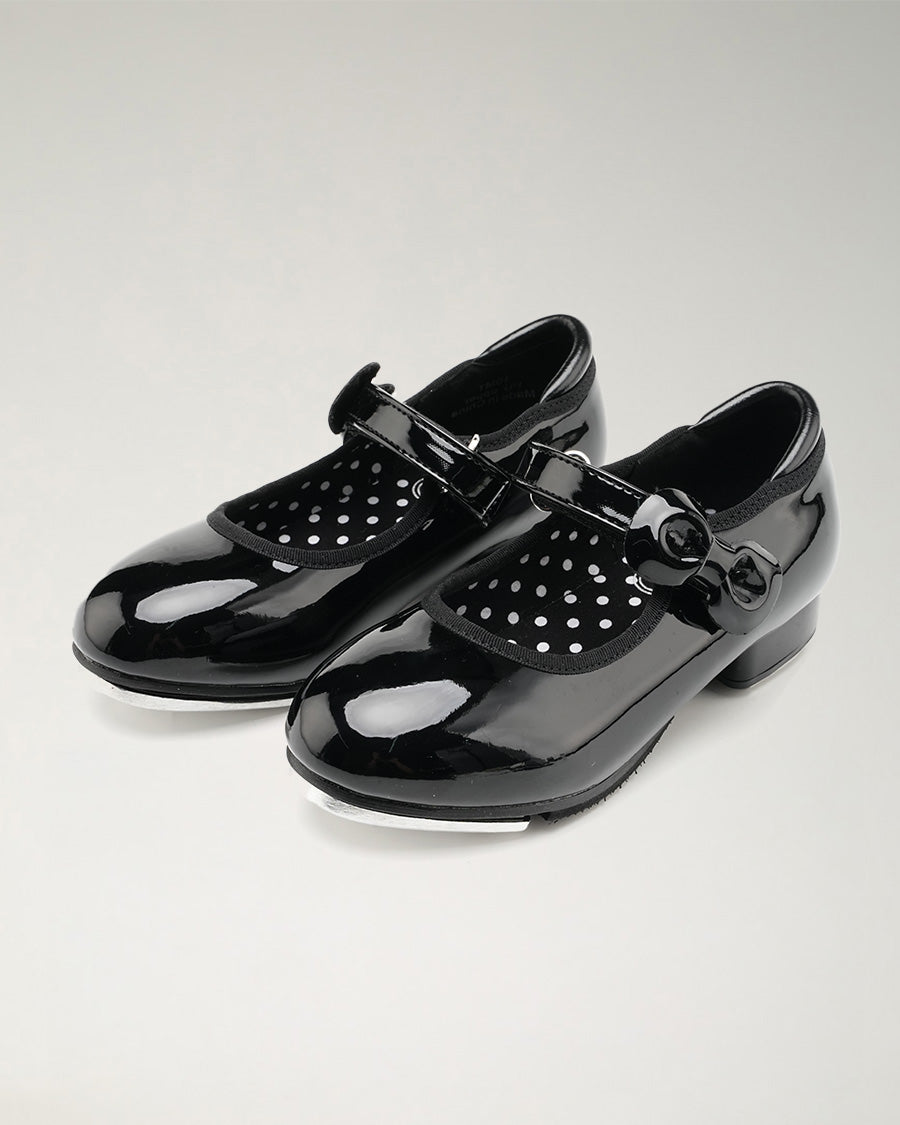 Black Kids Adjustable Strap Tap Shoes with Bow Embellishment