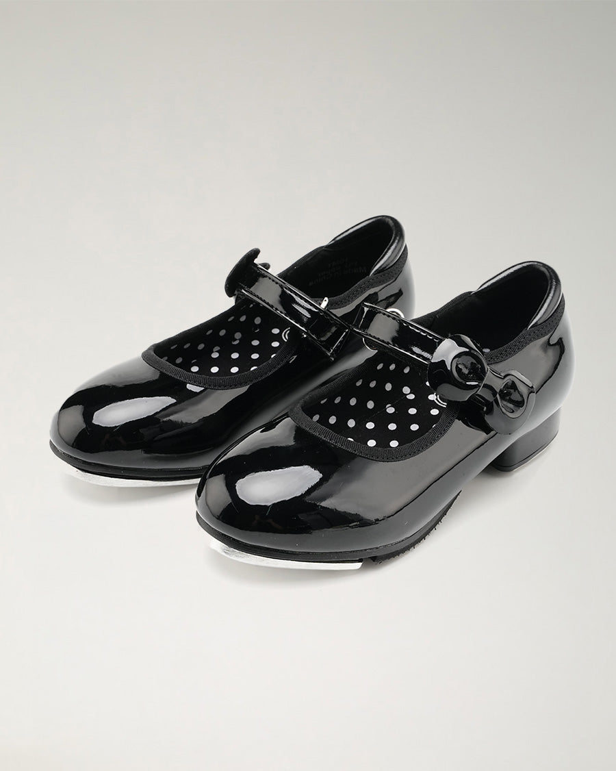 Black Kids Adjustable Strap Tap Shoes with Bow Embellishment