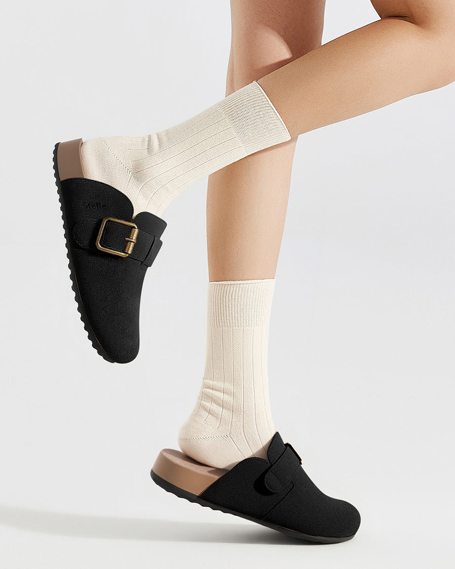 Black Square Buckle Suede Clogs