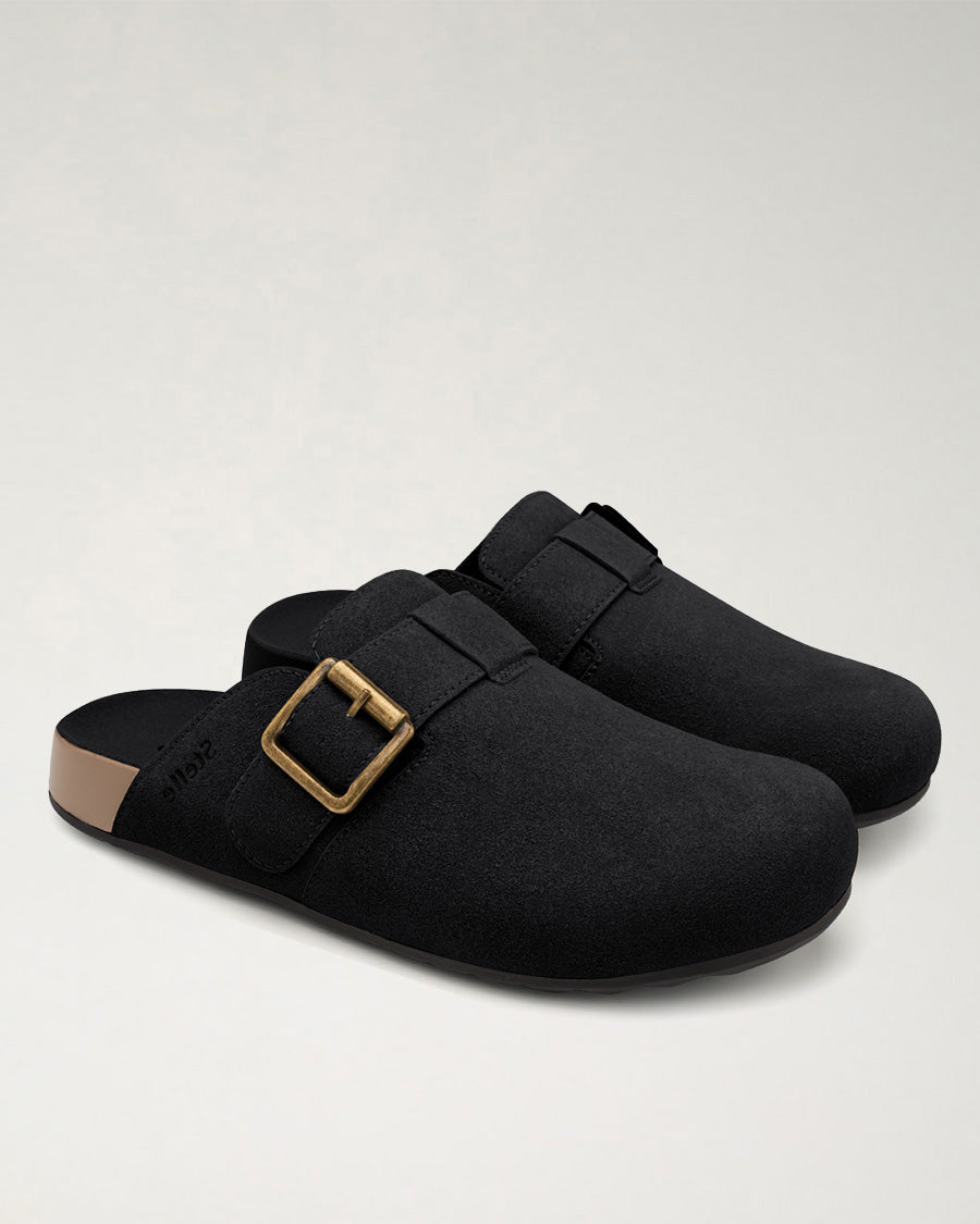 Black Square Buckle Suede Clogs