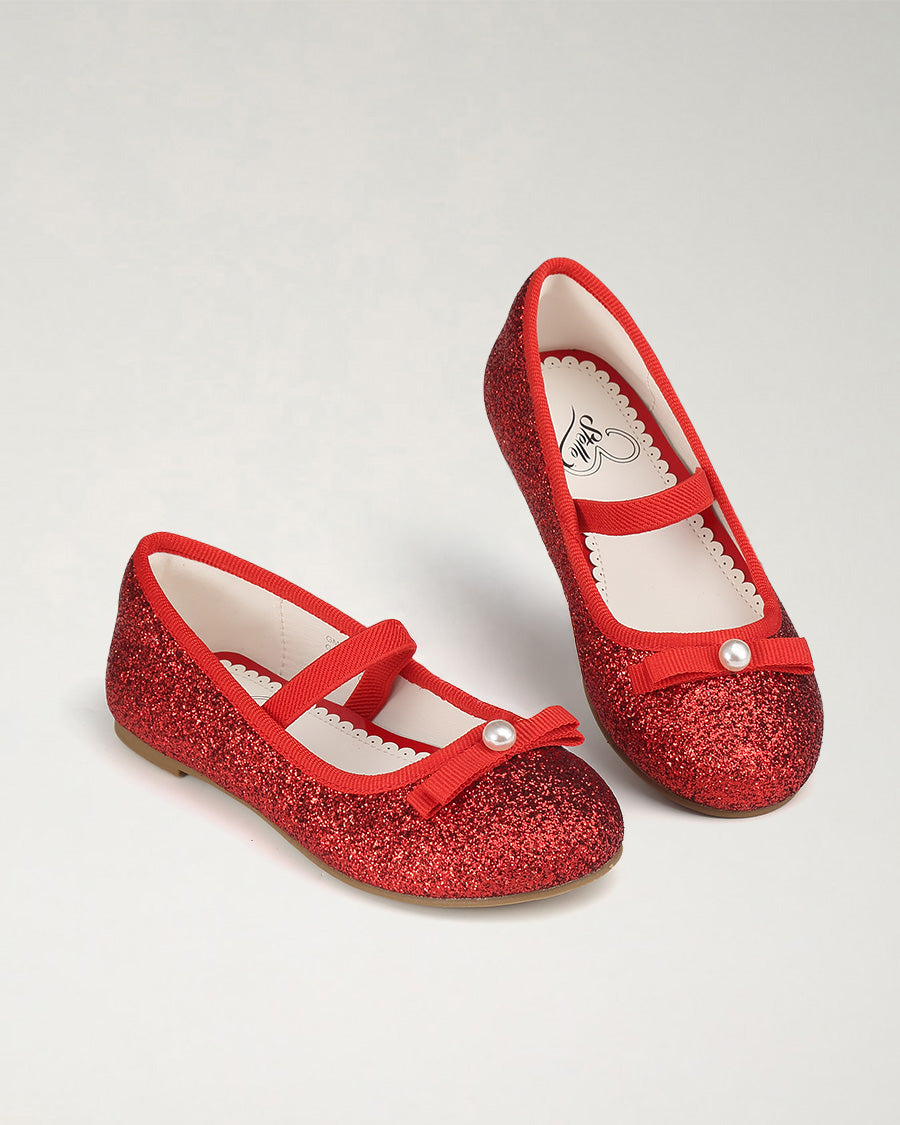Red Girls Glitter Ballet Flats | Kids Dress Shoes with Strap