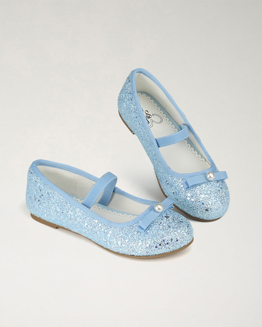 Icy Blue Girls Glitter Ballet Flats | Kids Dress Shoes with Strap