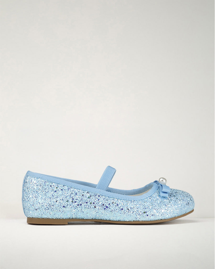 Icy Blue Girls Glitter Ballet Flats | Kids Dress Shoes with Strap