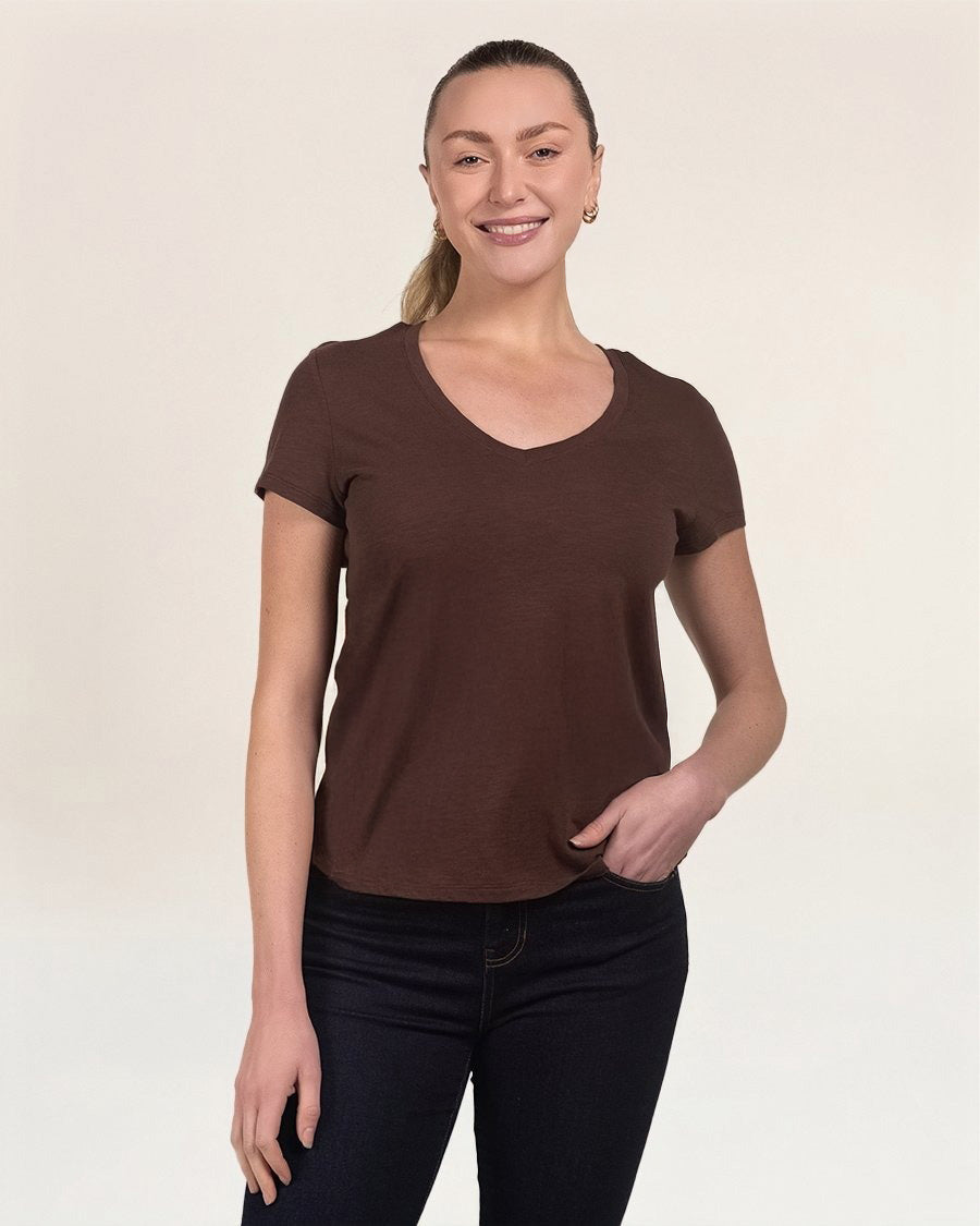 Women's Short Sleeve Slub V-Neck T-Shirt in Cocoa
