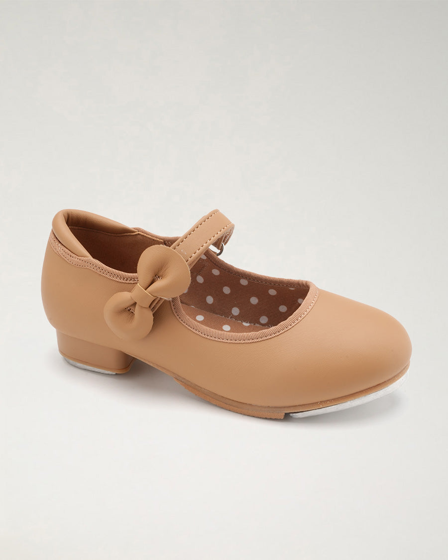 Tan Kids Adjustable Strap Tap Shoes with Bow Embellishment