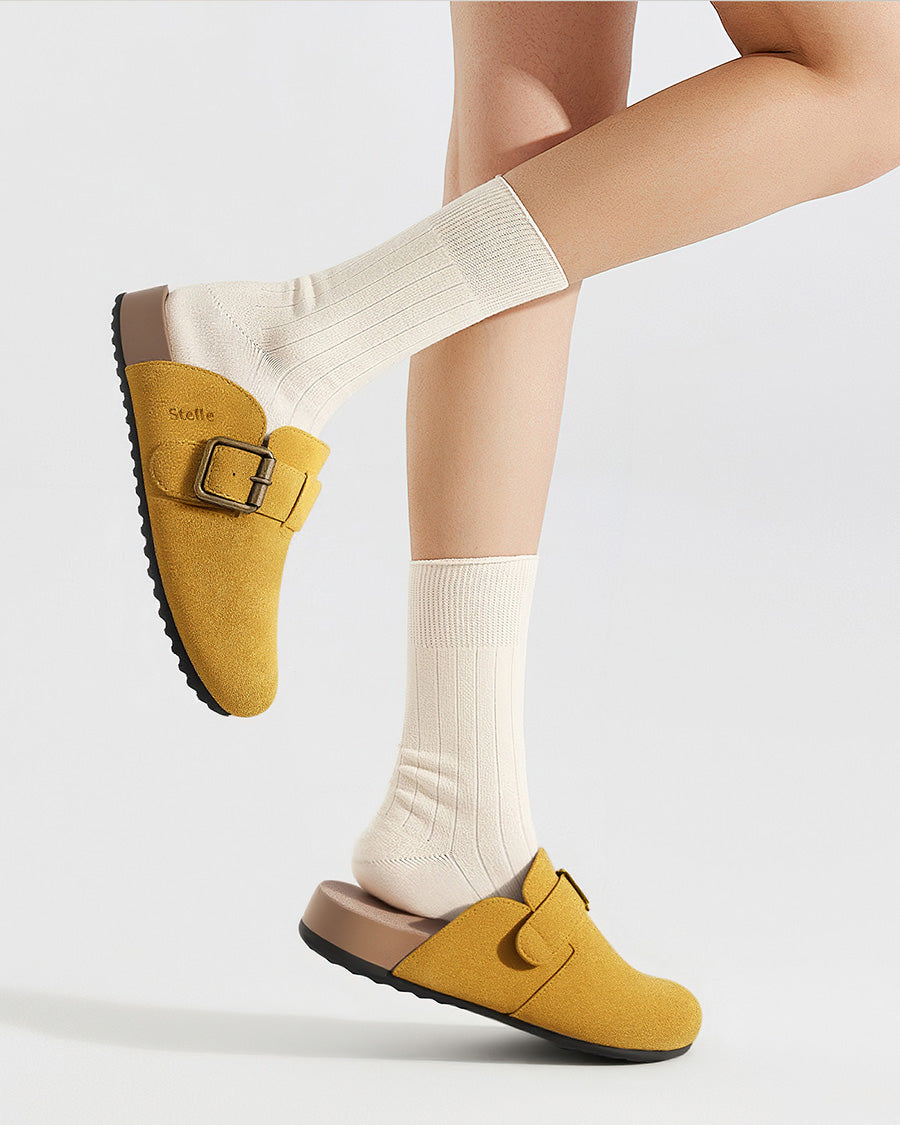 Mustard Square Buckle Suede Clogs