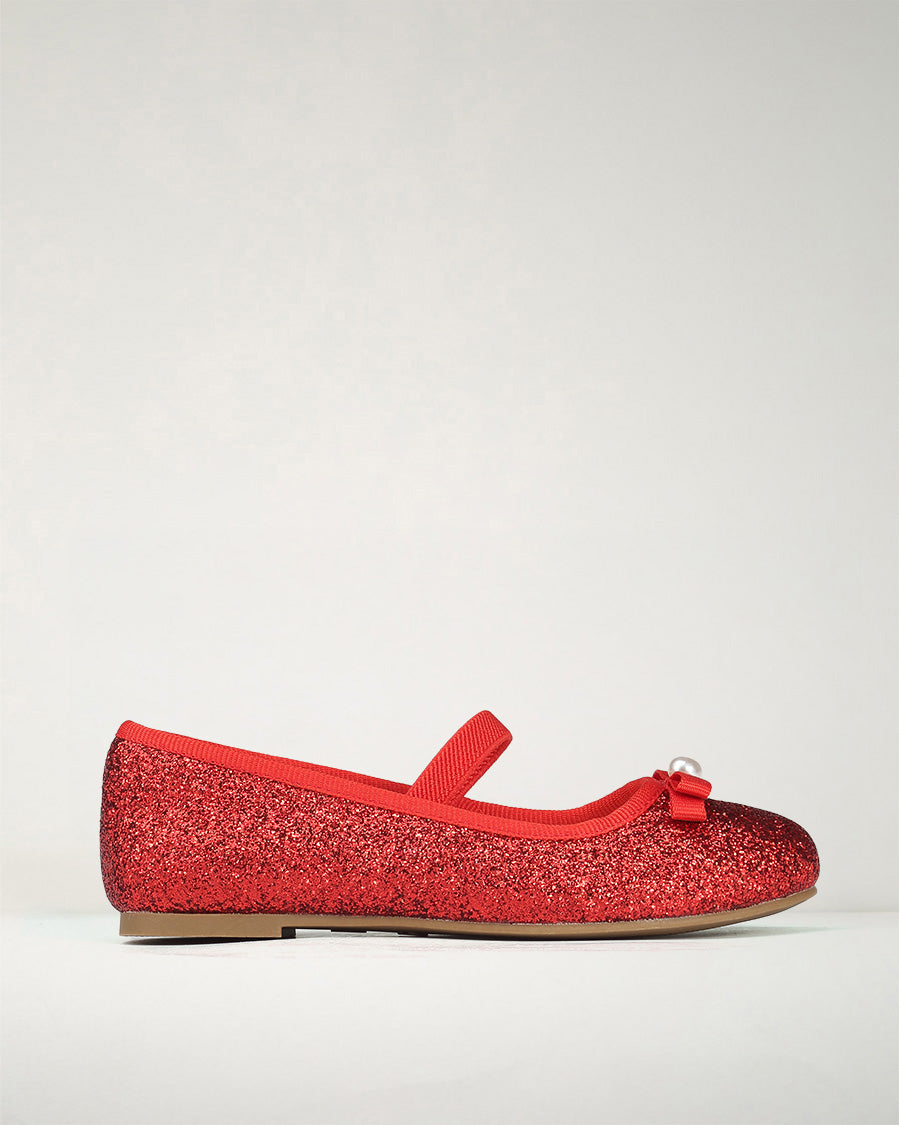 Red Girls Glitter Ballet Flats | Kids Dress Shoes with Strap